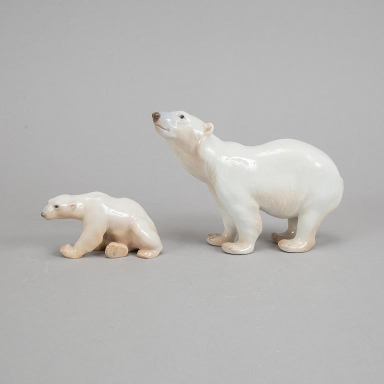 Bing & Grøndahl, three porcelain polar bears, Denmark.