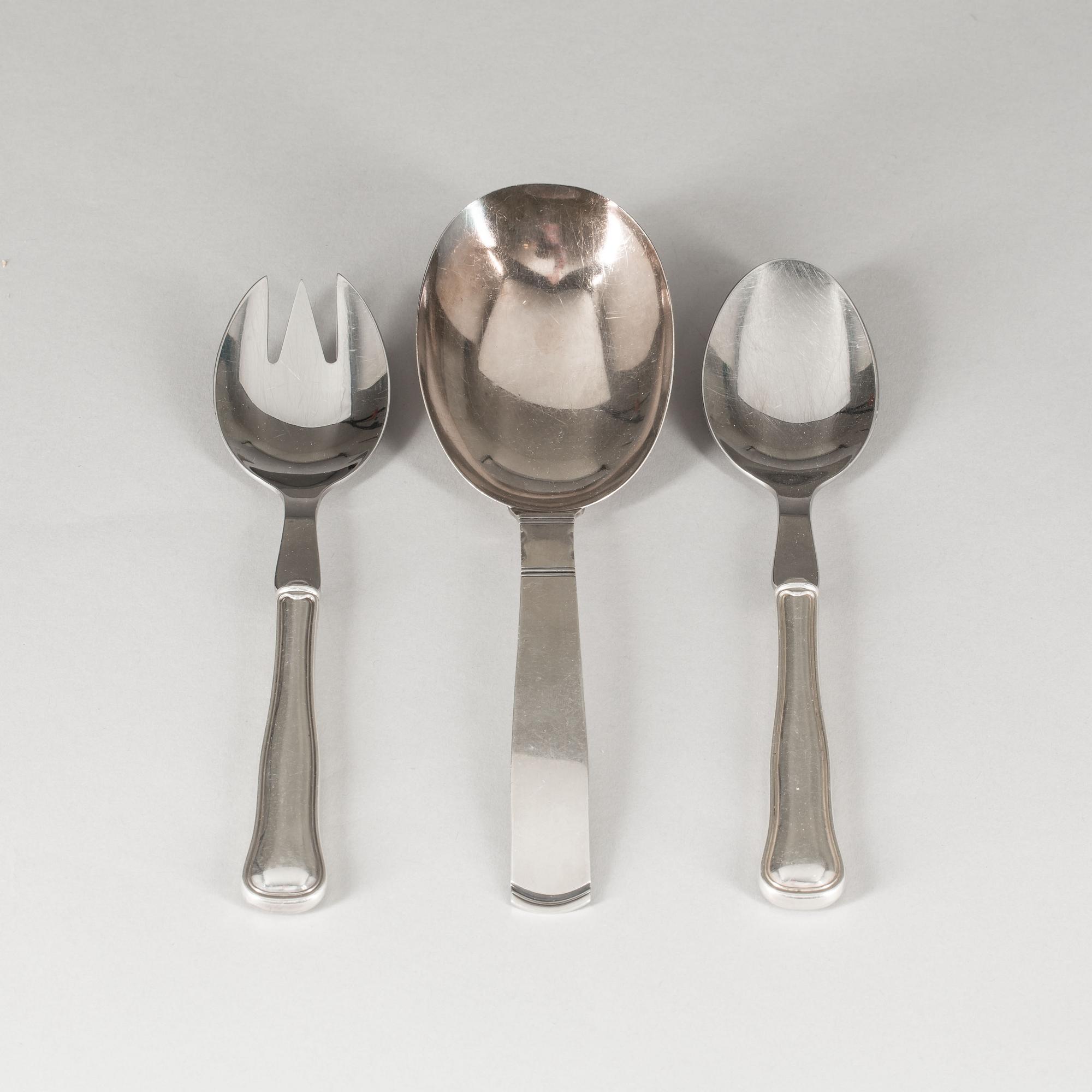 UPPLÄGGNINGSBESTICK, 3 st, silver. Danmark och Sverige. Total vikt ca 242 g inkl blad i rostfritt stål.