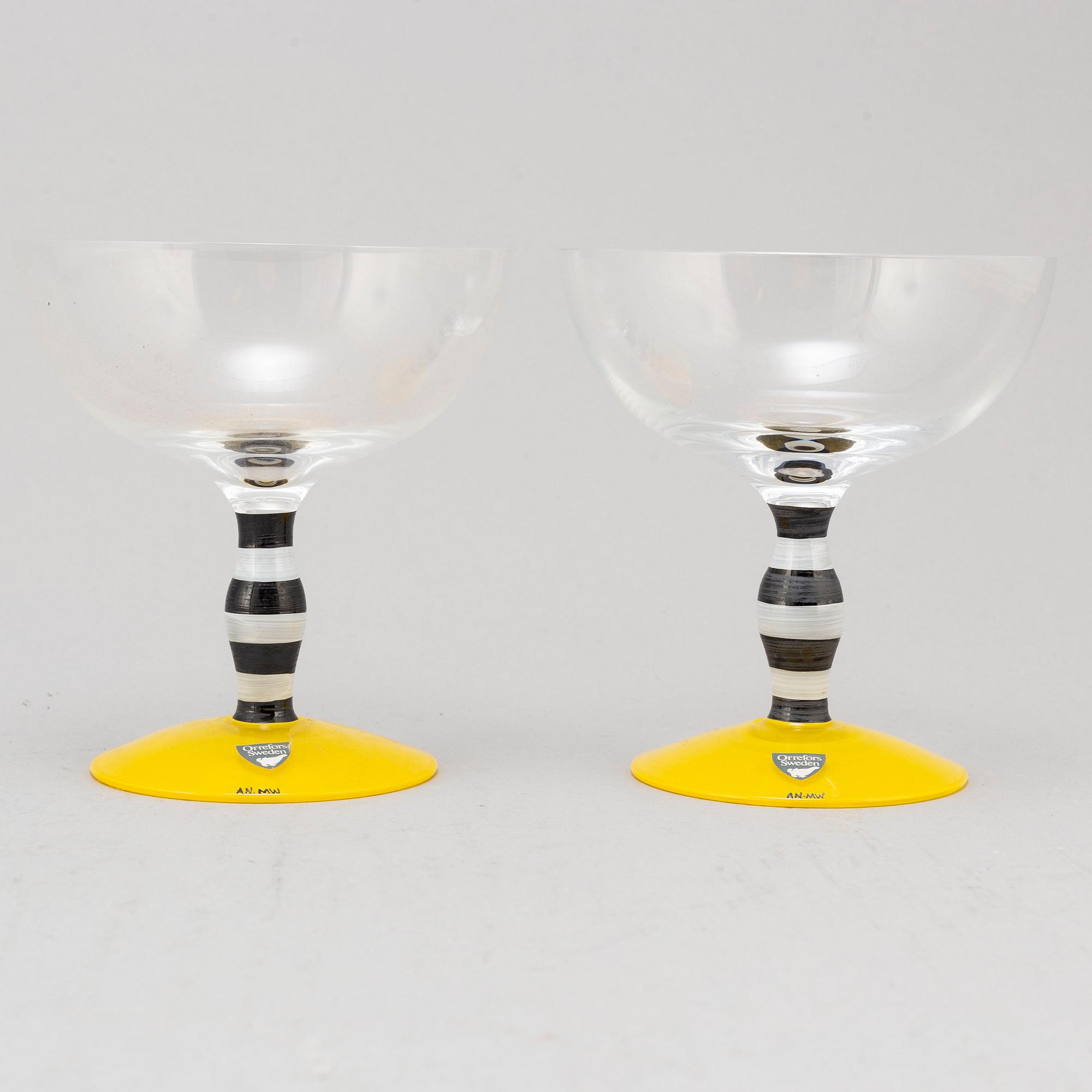 ANNE NILSSON, champagnekupor, 6 st, glas, "Polka", Orrefors, 1900-talets andra hälft.