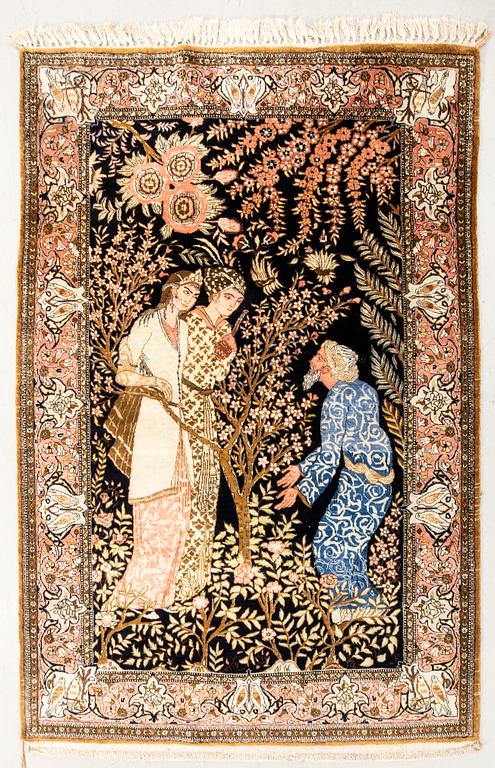 Ghom silk rug with figurative design, old/semi-antique, approximately 154x107 cm.