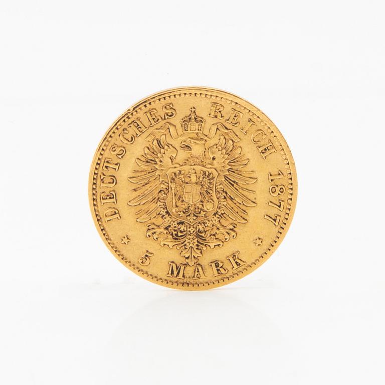 Gold coin 5 marks 1877 German Empire (Hamburg).