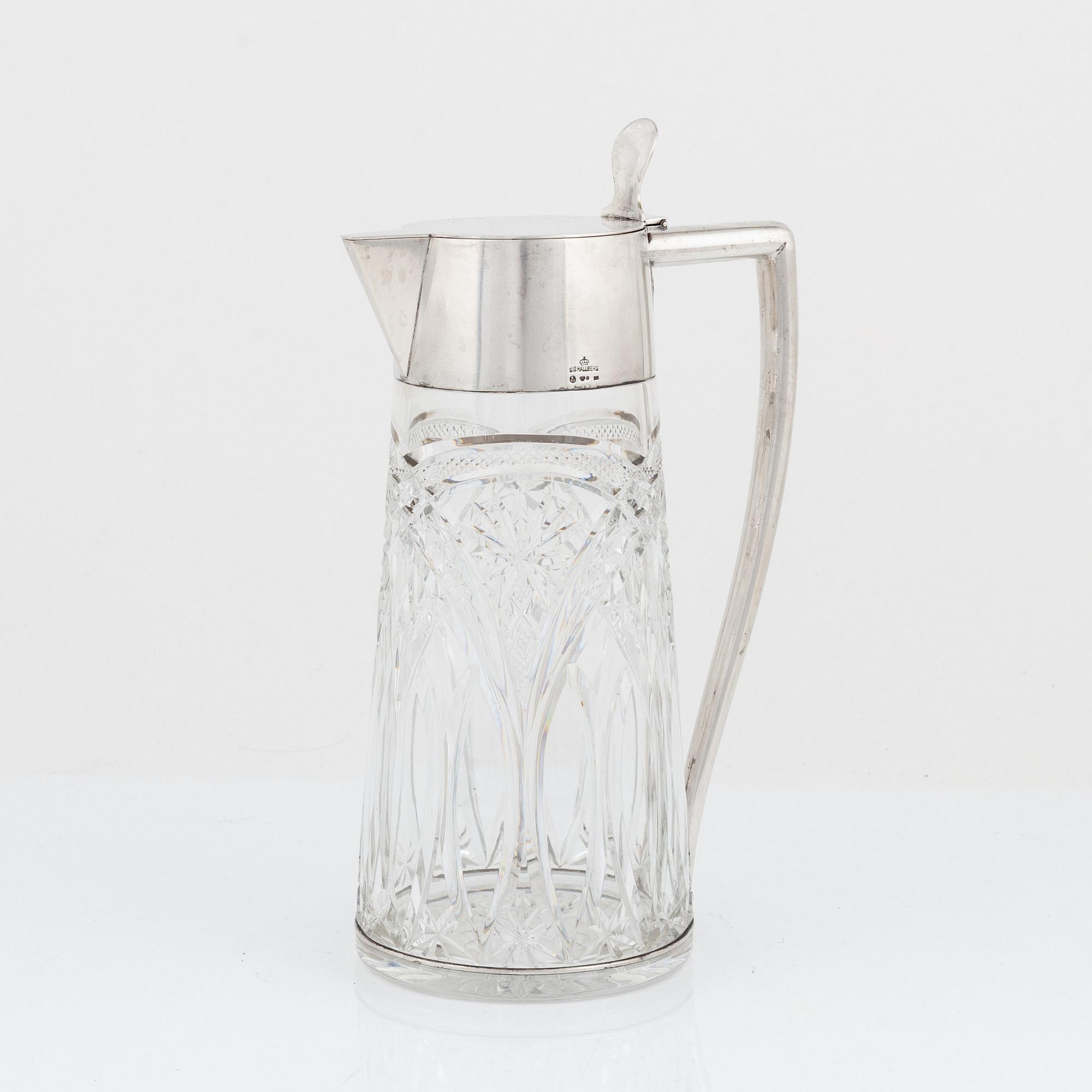 CG Hallberg, a silver and glass flagon, Stockholm 1918.