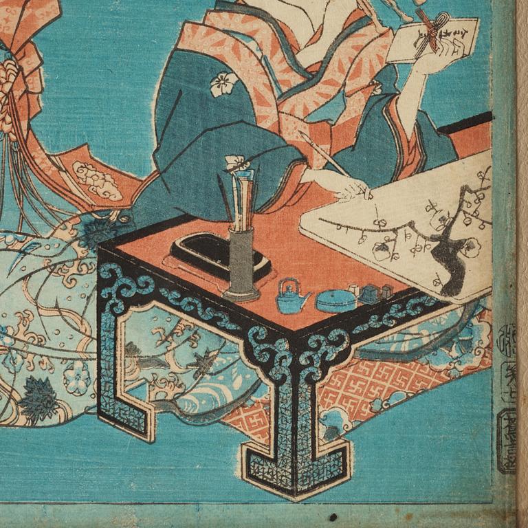 Utagawa Kunisada, four colour woodblock prints, Japan, c. 1850-60.