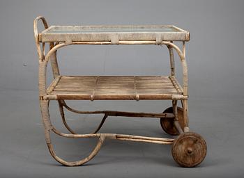 SERVERINGSVAGN, rotting, björkstomme och matterat glas. 1930-tal.