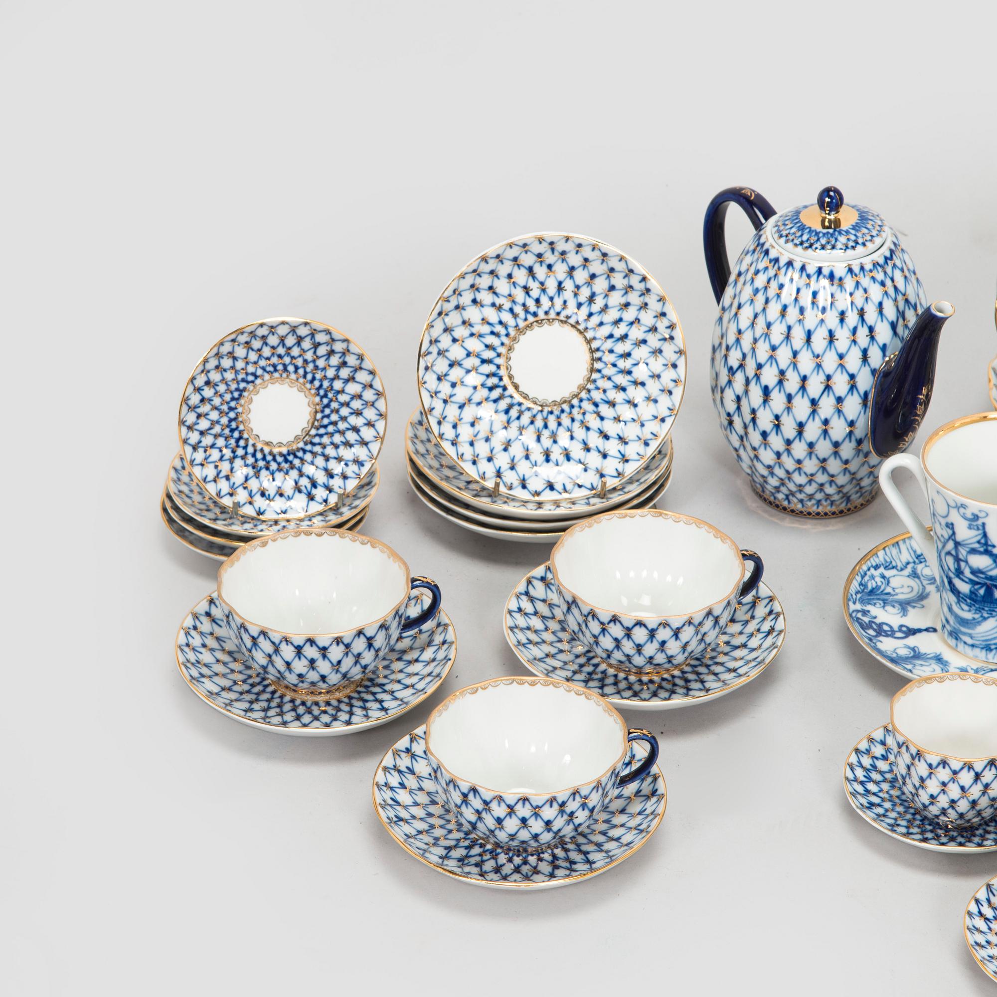 A  'Cobalt Net' porcelain coffee and tea service, Lomonosov, Soviet Union.