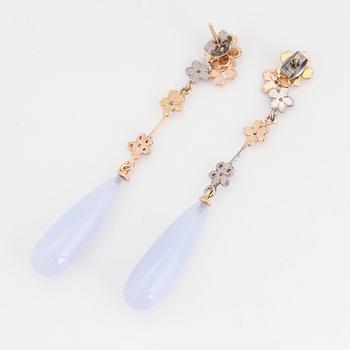 Blue chalcedony drop, pink sapphire and brilliant-cut diamond earrings.