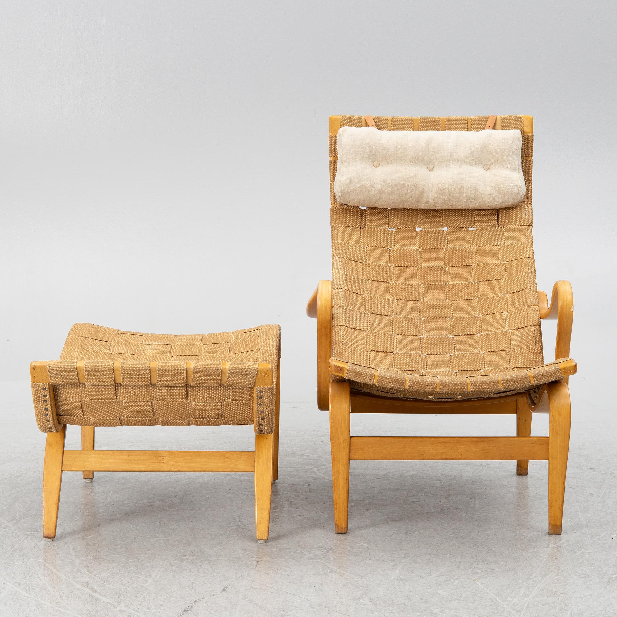 Bruno Mathsson, a lounge chair with footstool "Pernilla 1", Firma Karl Mathsson, Värnamo, circa mid-20th century.