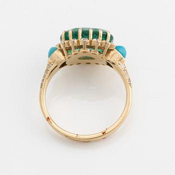 Ring with emerald, turquoises, and brilliant-cut diamonds.