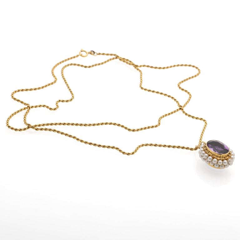 Collier, 18k, hänge med ametist och pärlor, Italien.