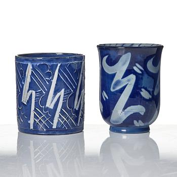 Wilhelm Kåge, two porcelain vases and an earthenware jar with cover, Gustavsberg, Sweden, 1924 and presumably 1930.