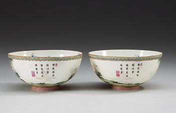 A pair of Chinese famille rose egg-shell bowls, Repubic period.