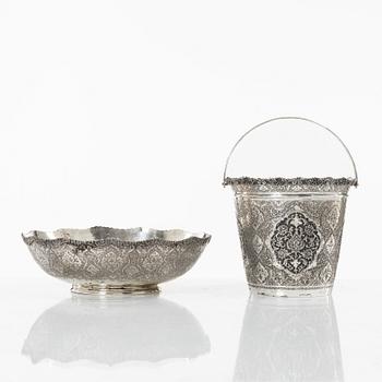 A Persian silver bowl and a silver bucket, 20th century.