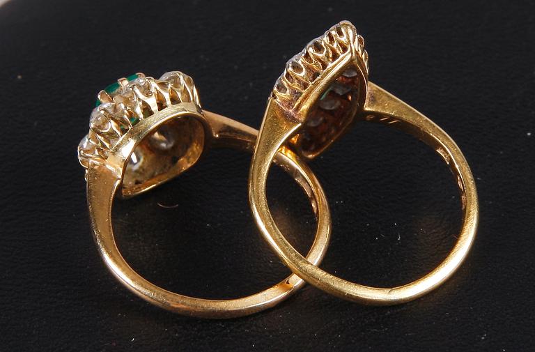 RINGAR, 2 st, guld 18K, diamanter och smaragder. Bla Gustaf Dahlgren Malmö, 1900-talets första hälft.