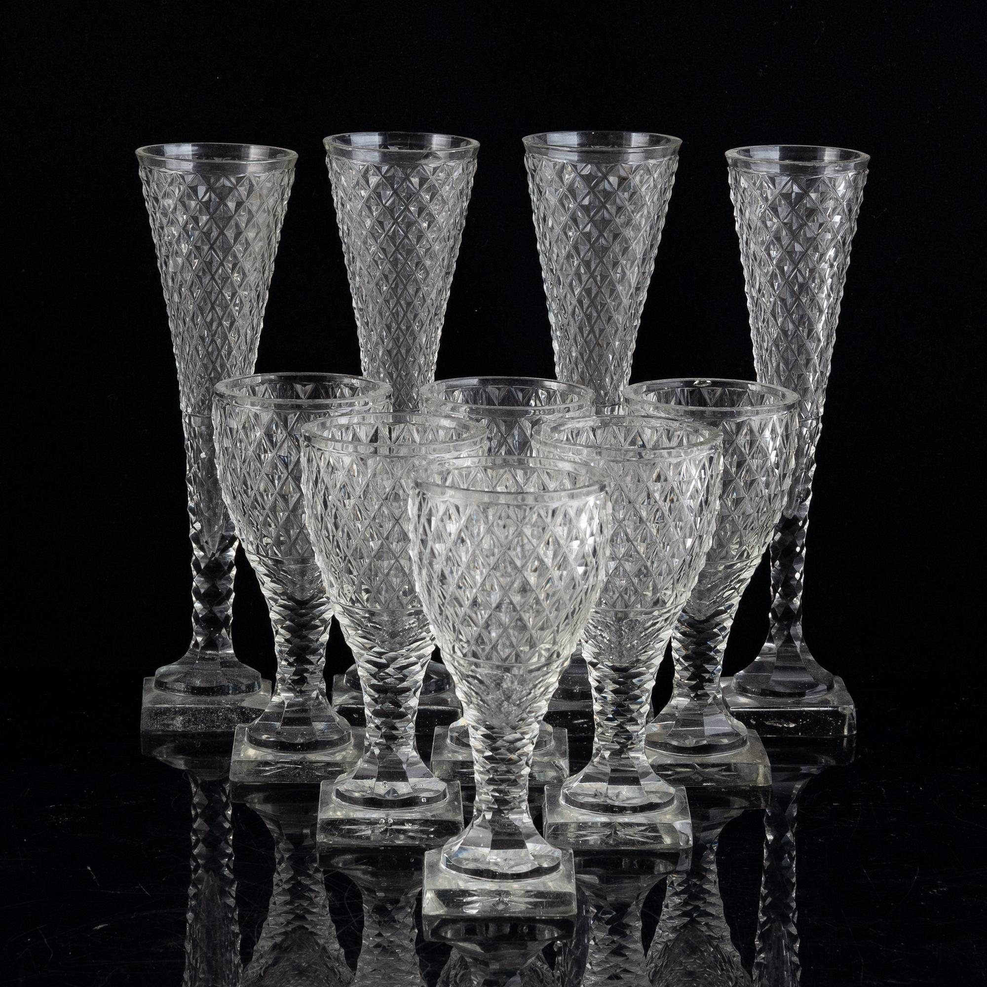 Four champagne glassas and 6 wineglasses, first half of the 19th century.