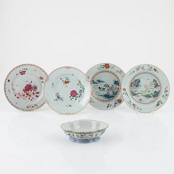 A set of four Chinese Export plates, 18th Century and a bowl, late 19th Century.