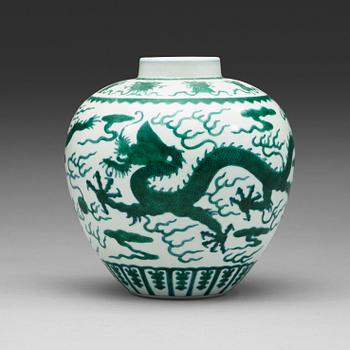 287. A green enamelled dragon jar, late Qing dynasty with Jiaqing mark.