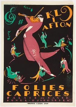 Curt Peters, litografisk affisch, "KL i afton Folies Caprices", Rokotyryck, A.-B. Kopia, Stockholm, 1920.