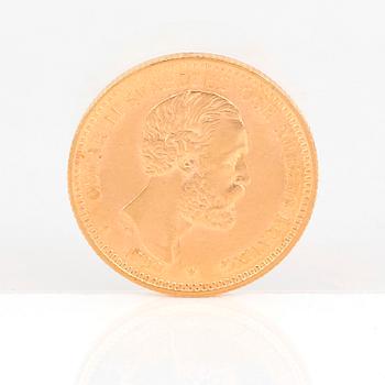 GULDMYNT, 20 kronor, Oscar II av Sverige och Norge 1890. Vikt ca 9 gram.