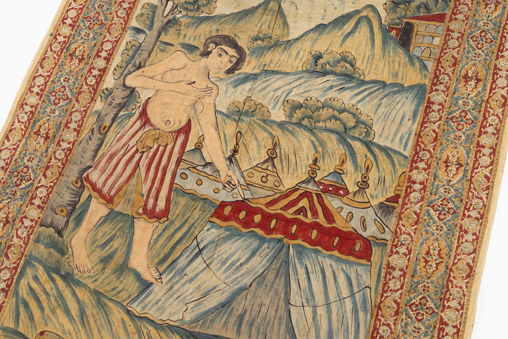 A pictoral painted textile panel (Kalamkari),  Isfahan, late Qajar dynasty (1789-1925), c. 242 x 119 cm.