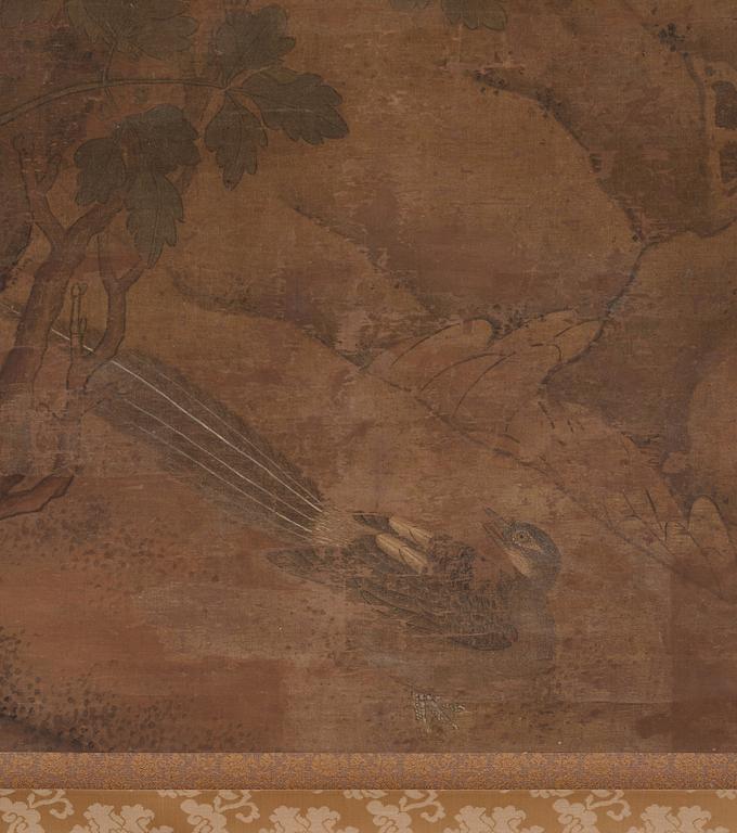 A scroll painting, ink and colour on silk laid on paper, by anonymous artist, late Ming/early Qing dynasty.