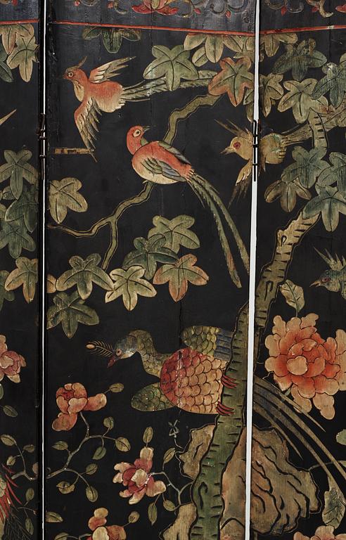 An eight panel lacquer screen, Qing dynasty, presumably Kangxi (1662-1722).