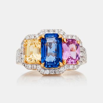 A 5.87 ct blue, pink and yellow sapphire and 0.76ct diamond ring.