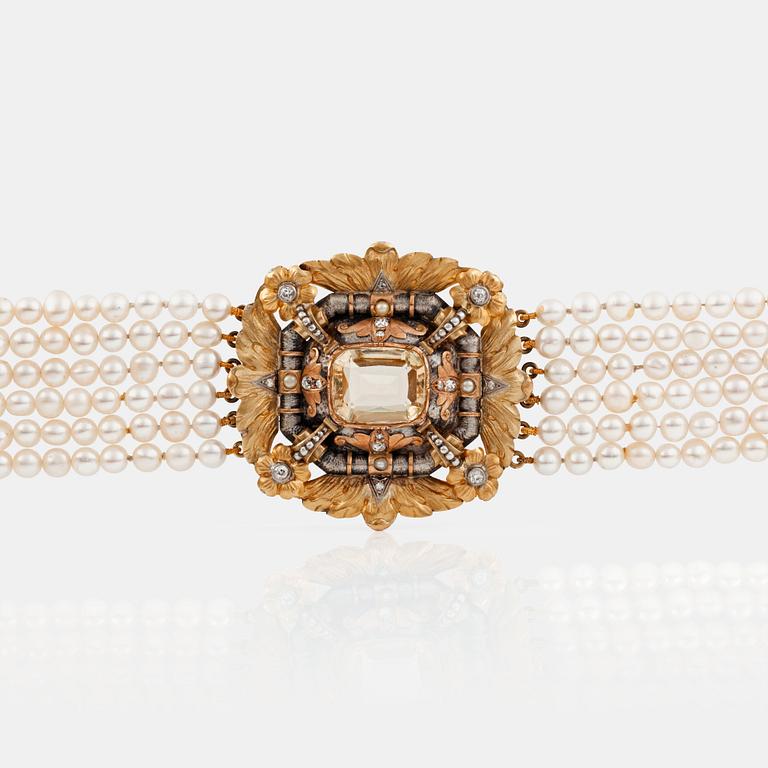 A six-strand cultured freshwater pearl, citrine and old-cut diamond necklace.