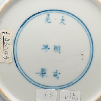 A pair of blue and white dishes, Qing dynasty, 18th Century with Chenghua mark.