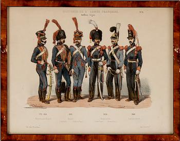 LITOGRAFISKA UNIFORMPLANSCHER, 7 st, Costumes de l'armée Française, 1800-talets slut.