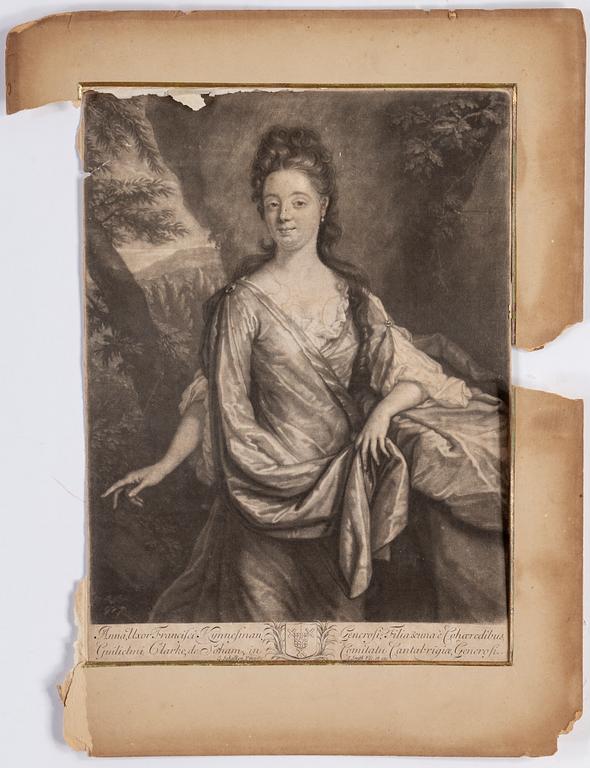 A mixed lot of 14 unframed 18th century mezzotint and aquatint portraits.