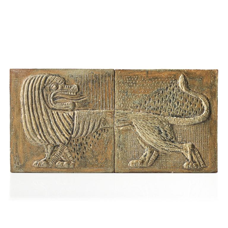 Stig Lindberg, a stoneware 2 pcs wall plaque, Gustavsberg studio, Sweden mid 20th century.