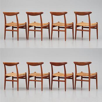 Hans J. Wegner, a set of eight teak chairs, model "W2", C.M. Madsen, Denmark 1950s.