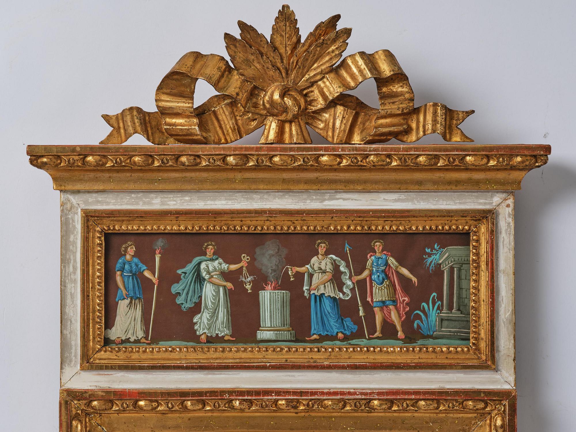 A pair of late Gustavian giltwood and gouache-inset mirrors, Stockholm, late 18th century.