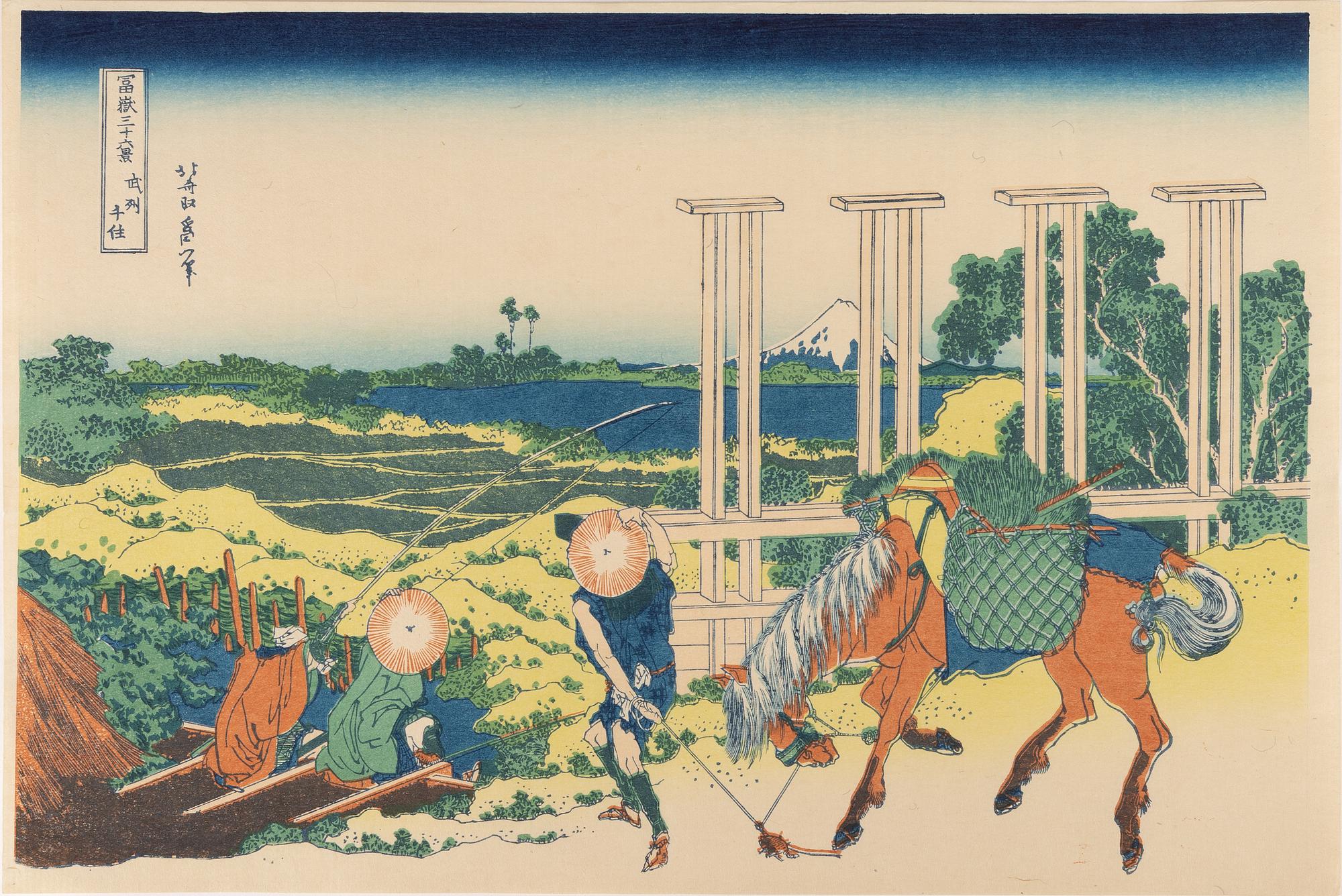 Katsushika Hokusai, efter, färgträsnitt, 5 stycken, 1900-talets andra hälft.