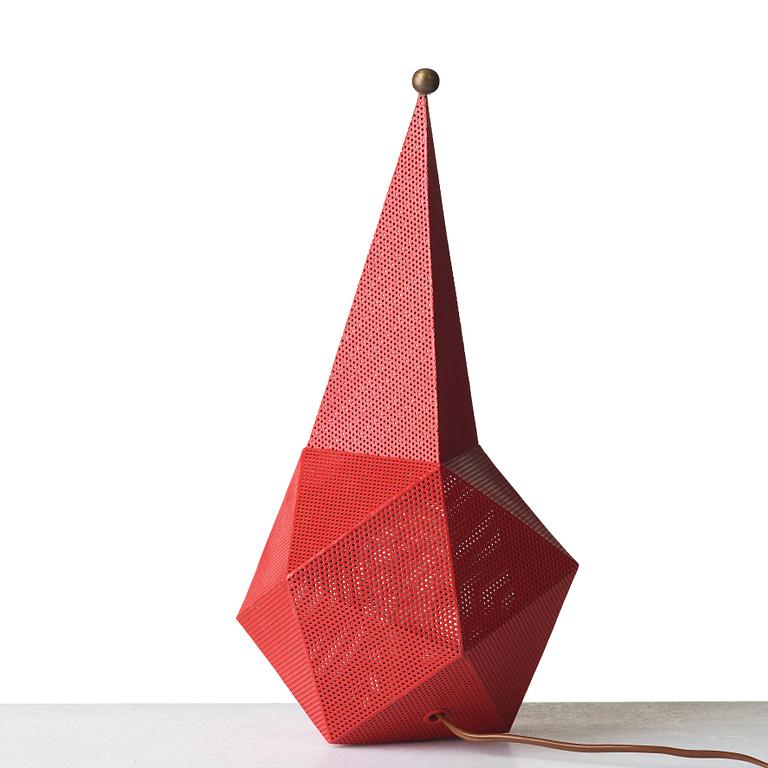 Mathieu Matégot, a "Bagdad" red lacquered perforated and corrugated sheet metal table lamp, ed. Atelier Mategot, France post 1954.