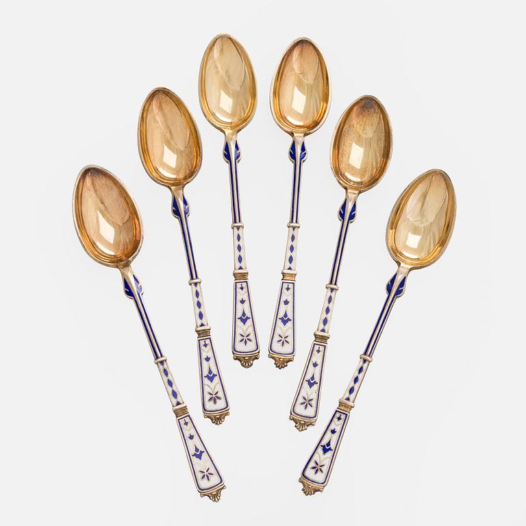 A set of six silver and enamel spoons, P. Hertz, Denmark 1893.