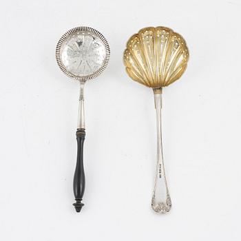 Two Swedish Silver Sprinkle Spoons and Two Dishes.