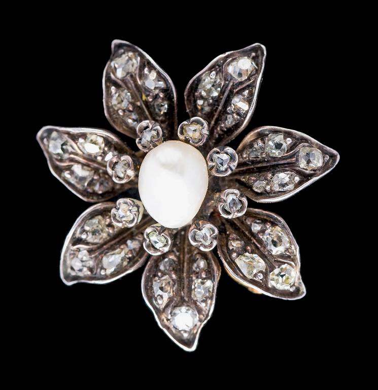 A rose cut diamond and natural pearl brooch. 1880's.