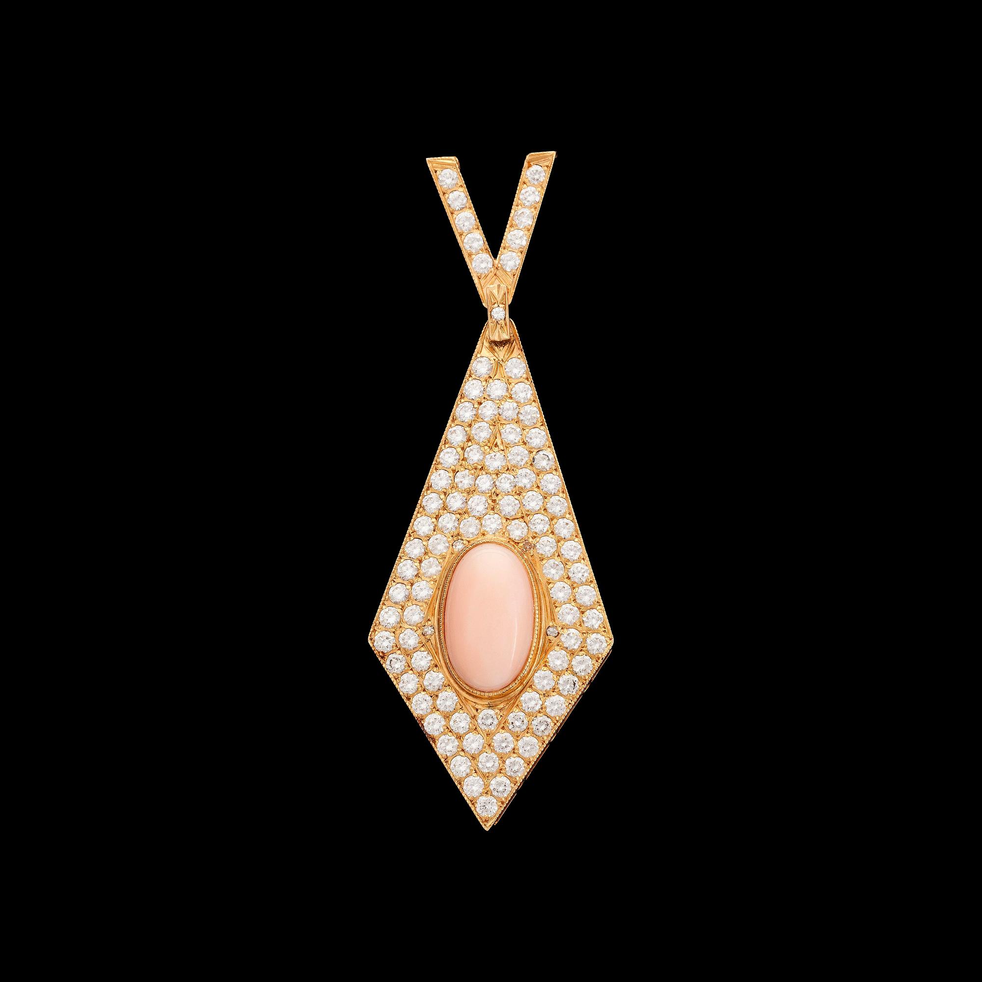 A coral and brilliant cut diamond pendant, tot. 3.80 cts. Stockholm, 1982.