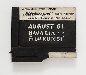 CLAPPER BOARD from the movie-making of the movie "Mörderspiel". Germany/France 1961. Director: Helmut Ashley.