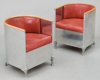A pair of Mats Theselius 'Aluminium/Theselius' aluminium, birch and  red leather armchairs, Källemo AB.