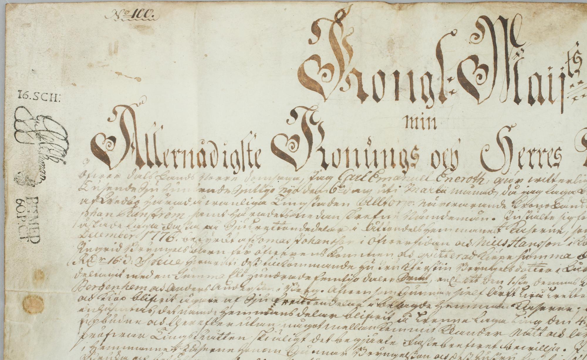 DOKUMENT, pergament, bär datering 1776.
