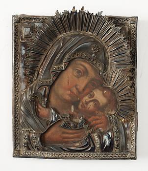 122. IKON, med silverinfattning, Moskva 1818, Maria och Jesusbarnet. 33x27 cm.