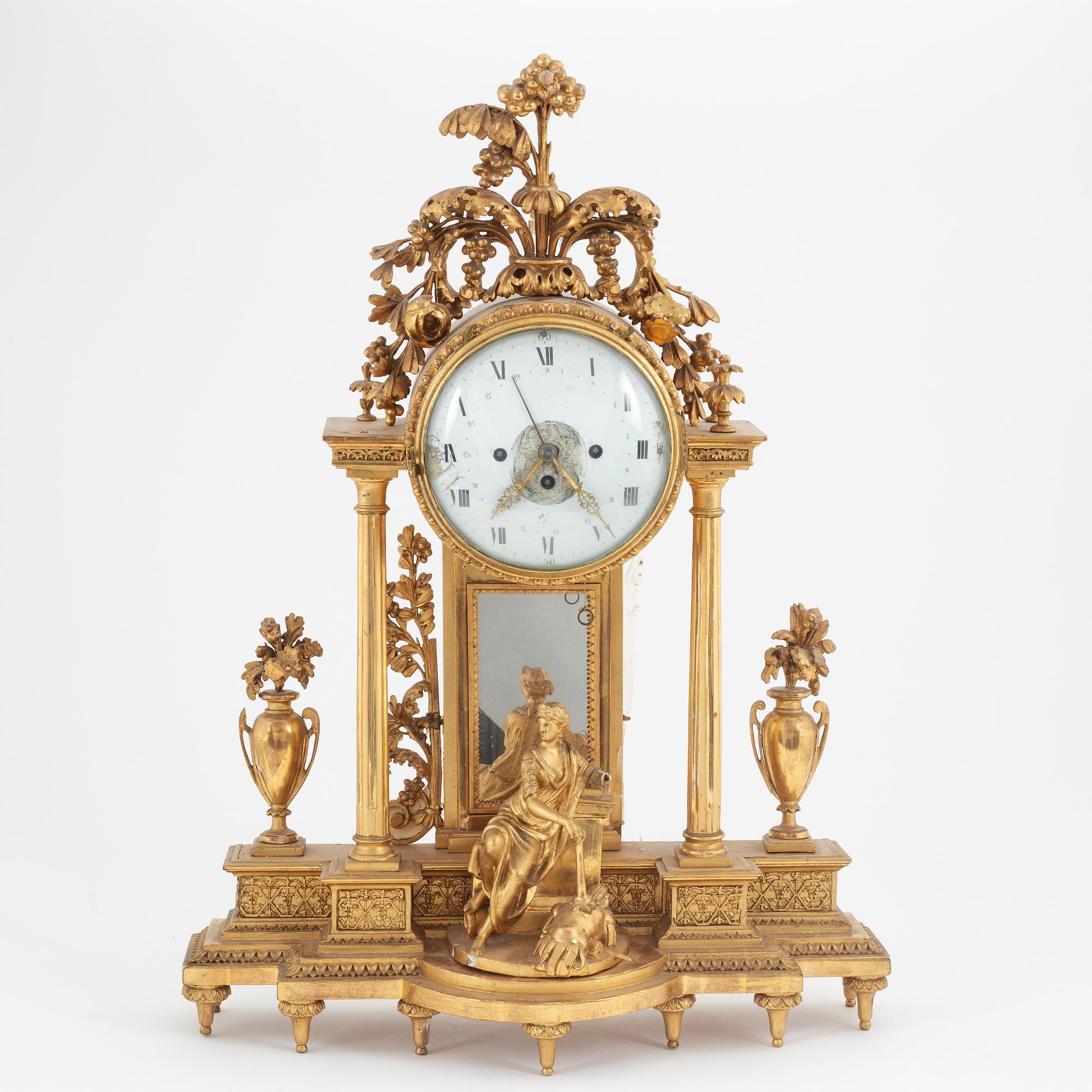 A Late Gustavian giltwood mantel clock, circa 1800.