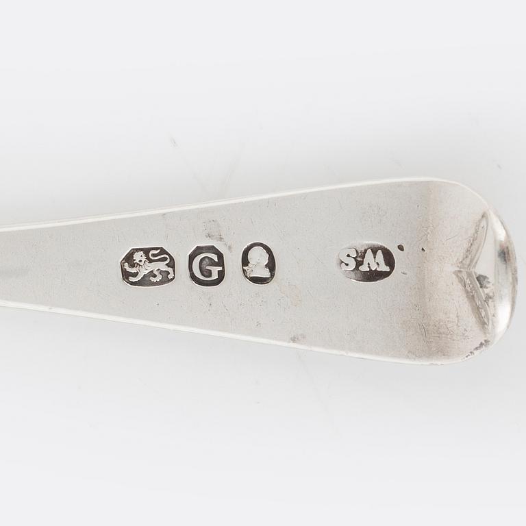 Six silver spoons, Ireland and England, including James Le Bas, Dublin 1828.