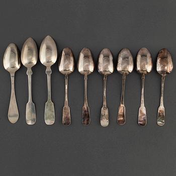 Four serving spoons and totally nine tablespoons, silver,  18th and 20th Century.