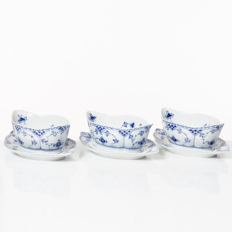 Royal Copenhagen, three sauceboats, 'Blue Fluted Full Lace', Denmark, 1979-83.