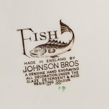 Ten Johnson Bros fish plates plus a big oval plate, England.