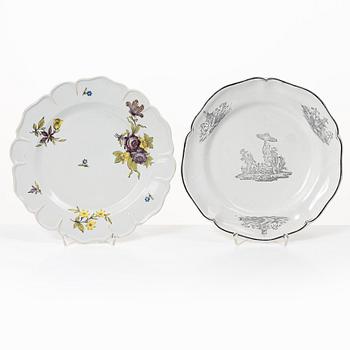 Two Swedish faiance plates, Marieberg and Rörstrand, 1769 and 1770.
