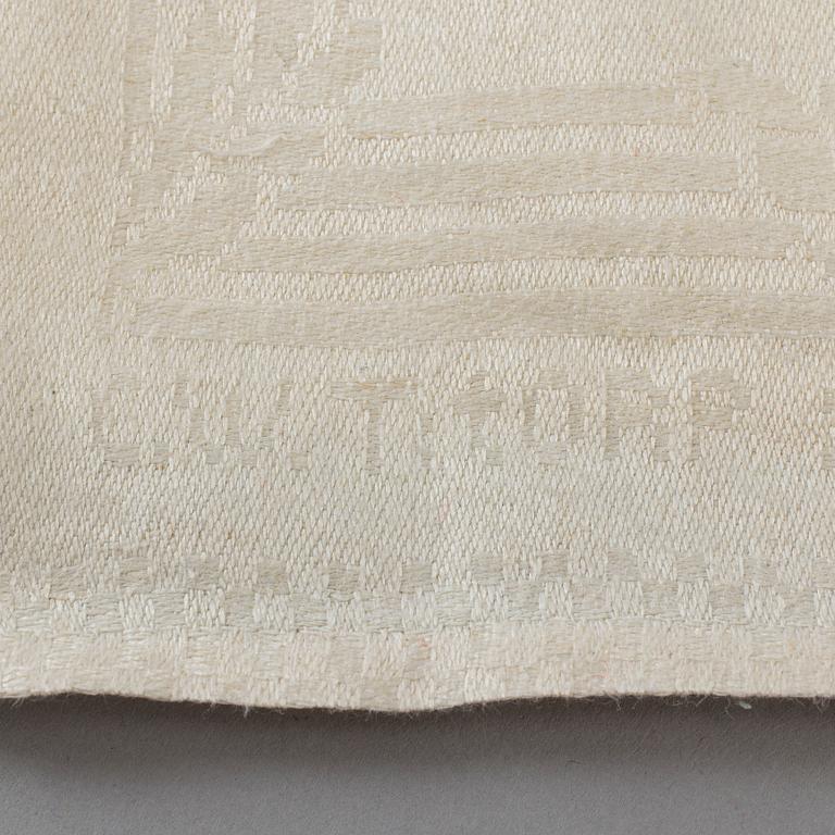 A TABLE CLOTH, linen damask, "Ymnighetshornet", ca 294 x 148 cm, signed C.W. T:tORP SVERIGE.